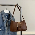 Vintage braune Achseltasche für Damen aus mattem Kunstleder mit großer goldener Schnalle - Braun