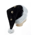 Plush black Christmas hat with white trim and three gold bells on wooden mannequin - Adult / Black