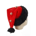 Red plush Christmas hat with long black tail and golden bells on a display model - Adult / Red & Black