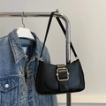 Retro black leather underarm bag with a vintage square gold buckle and slim strap - Black