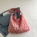 Pink leopard print fabric tote bag with wide shoulder strap in a stylish casual design - Pink