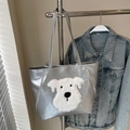 Borsa tote argento metallizzato con patch cane soffice e spalline sottili - Argento