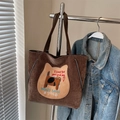 Retro σκούρα καφέ κοτλέ τσάντα tote με κέντημα γάτας και δερμάτινες λαβές για γυναίκες - Καφέ