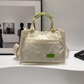 Off-white corduroy tote bag with green accents and detachable woven shoulder strap - No Pendant / Green