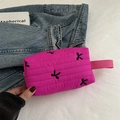 Magenta quilted nylon clutch with black bow embroidery and side carrying strap - Rose Pink