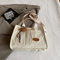 Chic beige corduroy tote bag with dual front pockets and cute bear charm accessory - With Pendant / Brown