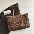 Stylish leopard print tote bag with brown leather handles and large capacity - Brown