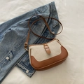 Bolso bandolera vintage en lona beige y cuero marrón con costuras en contraste - Marrón