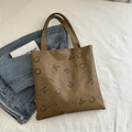 Brown faux leather tote bag with stylish artistic letter print and sturdy top handles - Khaki