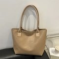 Bolso tote grande tejido beige con textura de tablero para oficina y uso diario - Caqui
