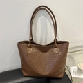 Large dark brown woven leather tote bag with long straps for office and daily use - Brown