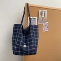 Bolso tote grande de lona a cuadros azul oscuro con placa metálica dorada handmade - Azul