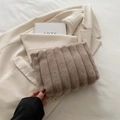 Plush brown faux fur square handbag with vertical stripe quilting on cream blazer - Khaki