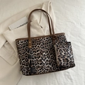 Leopard print tote bag with brown leather handles and matching small zipper pouch - Brown