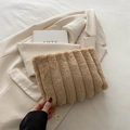 Stylish beige striped plush handbag in soft khaki fabric for a cozy minimalist look - Brown