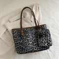 Leopard print tote bag set with matching zipper pouch and brown leather handles - Black