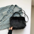 Black faux fur crossbody bag with leather handles and fluffy texture for autumn winter - Black