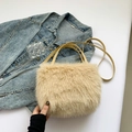 Beige faux fur crossbody bag with long fluffy texture and slender leather straps - Khaki