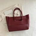 Minimalist burgundy large tote bag in matte faux leather with unique flap top design - Red