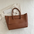 Minimalist caramel brown leather tote bag with wide flap and dual handles - Brown