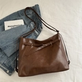 Retro dark brown matte leather tote bag with metallic buckles and thin shoulder straps - Brown without Charm