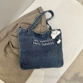 Blue denim tote bag with white embroidery and cloud pendant, stylish retro canvas bag - Embroidery Style (Type 2) - With Charm / Light Blue