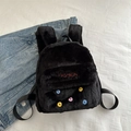 Mini-Rucksack aus schwarzem Plüsch mit bunten Knöpfen und roter Fashion-Stickerei - Schwarz