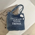 Blue denim canvas tote bag with embroidery and a cute white cloud pendant detail - Print Style (Type 3) - With Charm / Light Blue