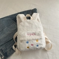 Schicker weißer Plüschrucksack mit rosa Stickerei und bunten Knopfdetails für Damen - Weiß