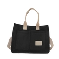 Borsa tote minimalista in tela nera con tracolla bianco sporco e tasche frontali - Nero
