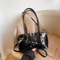 Bolso bowling retro de charol negro con detalles de hebilla para uso diario de mujer - Negro
