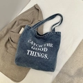 Blue-gray denim tote bag with Catch The Good Things print in a vintage American style - Print Style (Type 3) - Without Charm / Light Blue