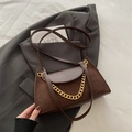 Retro dark brown corduroy chain bag with leather trim and gold metal strap - Brown