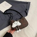 Retro houndstooth underarm bag with a cute white cloud plush pendant and black strap - With Cloud Pendant / Black