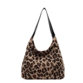 Plush leopard print tote bag with black leather straps for women's autumn winter fashion - Khaki