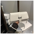 Close-up of white stone embossed baguette bag featuring a silver metal buckle closure - White