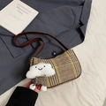 Retro houndstooth half-moon bag in brown with a cute cloud charm over a grey blazer - With Cloud Pendant / Brown