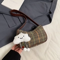 Retro houndstooth plaid underarm bag with cute plush cloud charm in green and brown - With Cloud Pendant / Brown