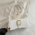 White faux leather baguette shoulder bag with textured gold buckle and knot strap detail - White