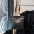 Black tote bag with star embossed pattern and shoulder straps on a clothes hanger - No Pendant / Black