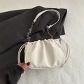 White ruched cloud bag with silver chain strap and drawstring detail for women - White