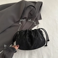 Pleated black cloud bag with silver chain strap and velvet-like texture finish - Black