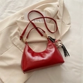 Bright red oil wax leather hobo bag with plush bear charm and tassel shoulder strap - Red with Pendant