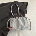 Silver pleated drawstring cloud bucket bag with metallic finish and chain strap - Silver