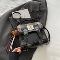 Mini vintage plaid backpack for women with bear embroidery and plush charm accessory - Black With Pendant