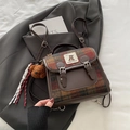 Plaid wool small backpack in dark brown leather with vintage check and bear charm - Coffee With Pendant