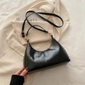 Glossy black half-moon shoulder bag in wax leather finish with golden hardware - Black without Charm