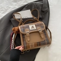 Vintage brown plaid backpack with a teddy bear charm and leather strap detail - Khaki With Pendant