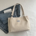 Off-white corduroy tote bag with fashion instinct patch and silver metal rings - Khaki