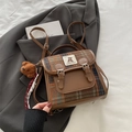 Vintage brown plaid wool backpack with bear pendant for women in preppy style - Brown with Pendant